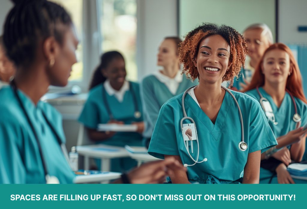 Unlock Your Potential in beauty: Join Our Pathway Into Aesthetics Program Photo - A full of excited students with a banner saying: "Spaces are filling up fast, so don't miss out on this opportunity!"
