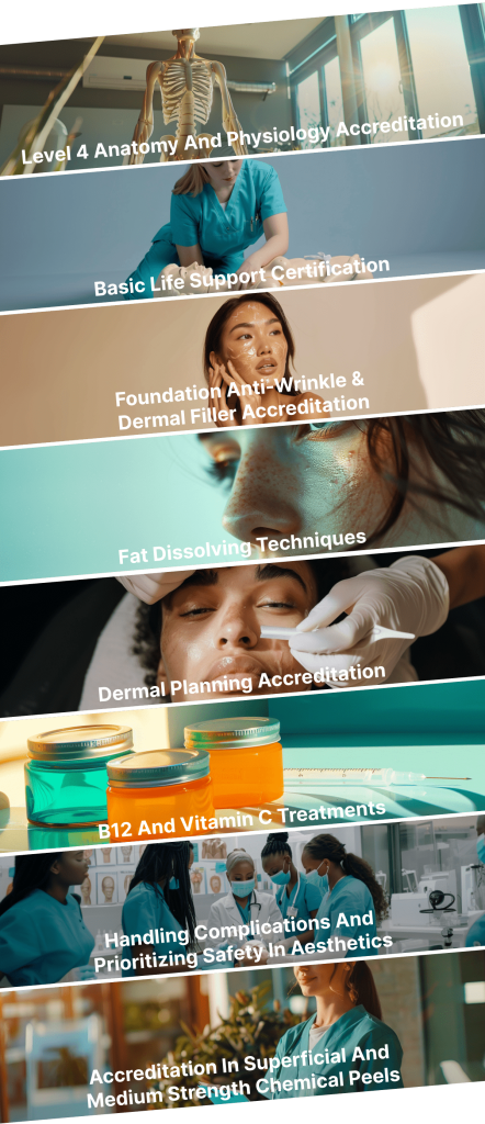 Unlock Your Potential in beauty: Join Our Pathway Into Aesthetics Program Infographic - Describing the certifications you will earn with this course. They are:
- Level 4 Anatomy and Physiology accreditation
- Basic life support certification
- Foundation Anti-wrinkle & Dermal filler accreditation
- Fat Dissolving techniques
- Dermal planning accreditation
- B12 and Vitamin C treatments
- Handling complications and prioritizing safety in aesthetics
- Accreditation in superficial and medium strength chemical peels