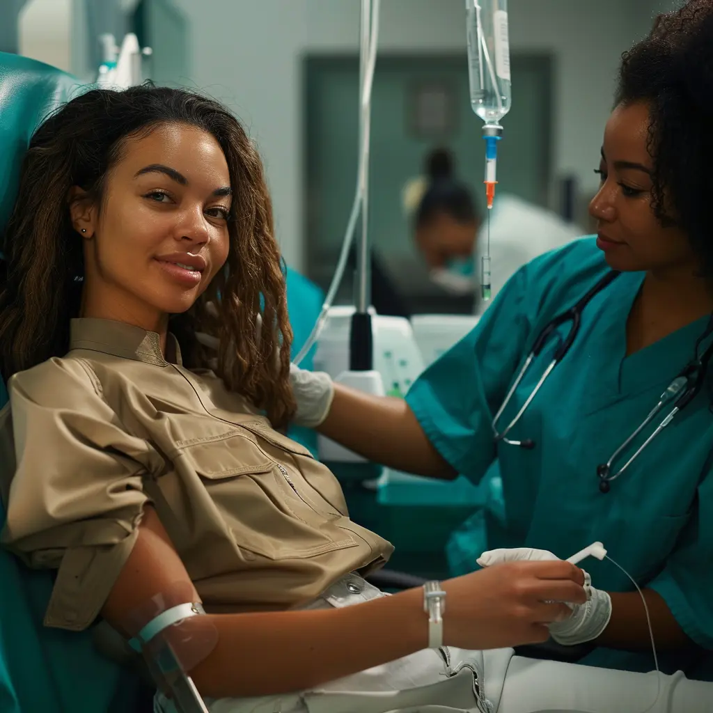 Photo - A woman smiling as she is getting a IV Drip administered to help her recover from a heavy night,.

IV drips and IM shots
