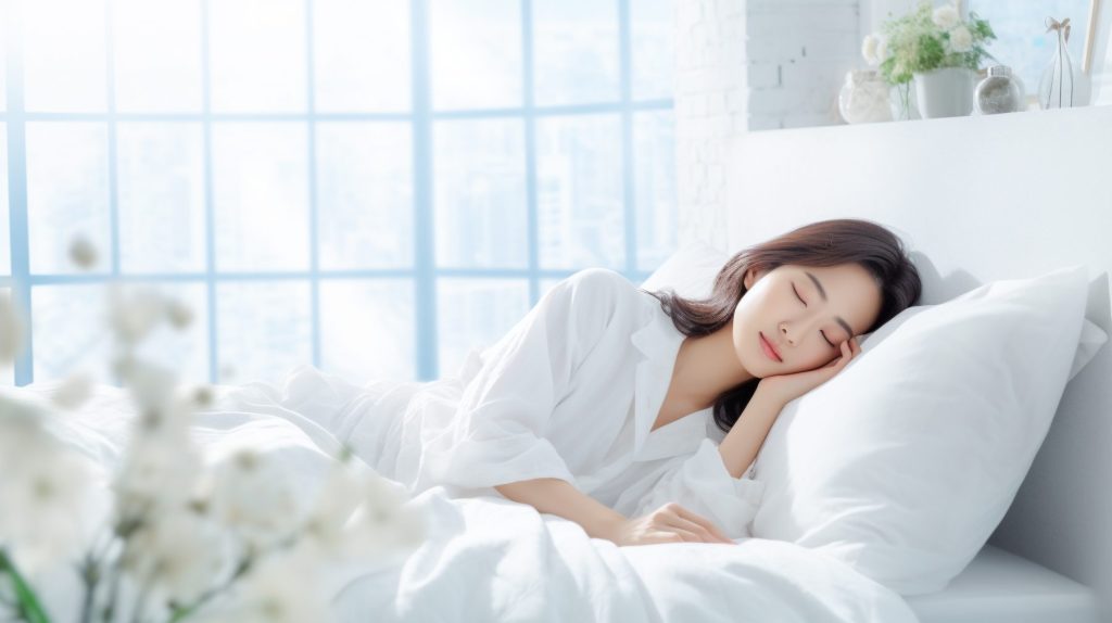A Asian woman sleeping in an elevated position to help with Lip Filler Aftercare
