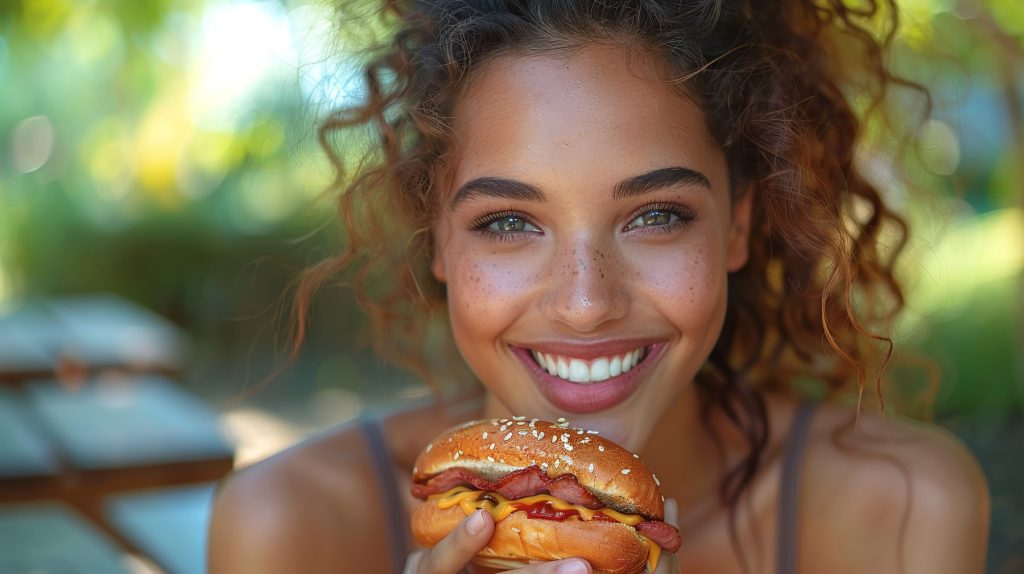 A picture of a woman holing a cheeseburger and smiling