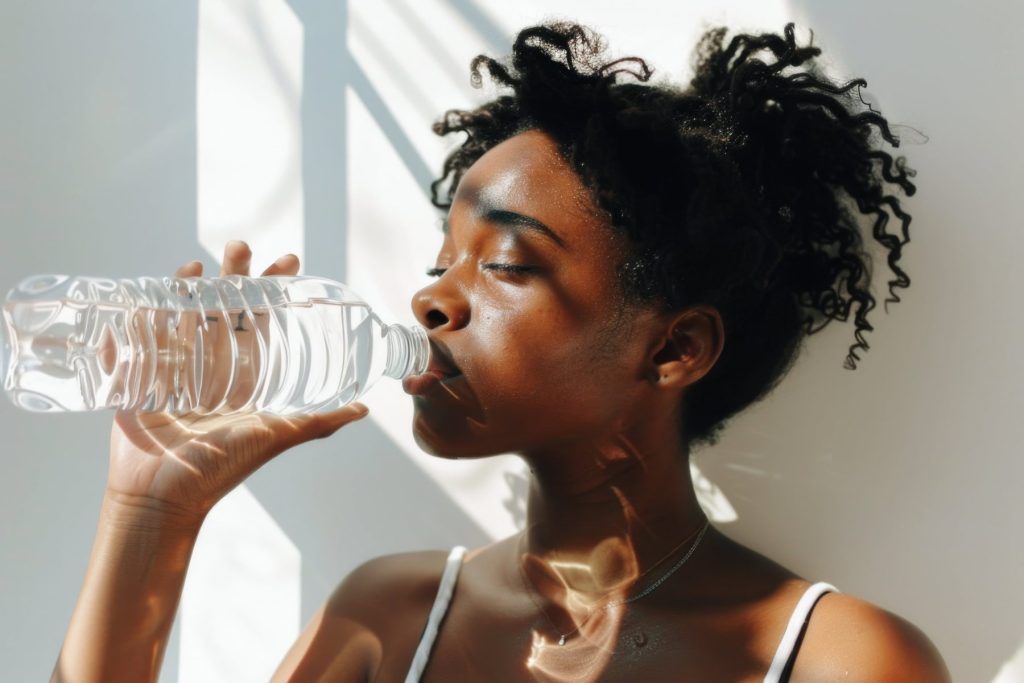 2-in-1 deal. how to combine facials and injectables for optimal results A woman drinking water to keep her skin hydrated and help with recovery,