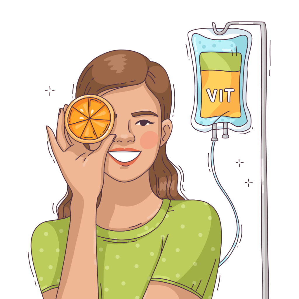 Vitamin Drips for Stress Relief: the no.1 way to Revitalise Your Mind and Body Illustartion - A woman getting vitamins into her body via a IV Drip