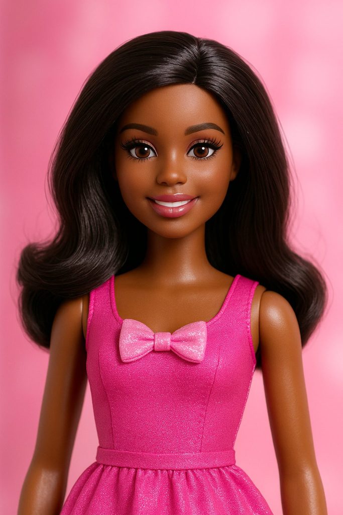 The Truth About Trap Tox treatment: Botox for Slimmer Shoulders A Black fashion doll inspired by Barbie aesthetics, showcasing slim shoulders and an elegant neckline, symbolising Trap Tox Treatment results.