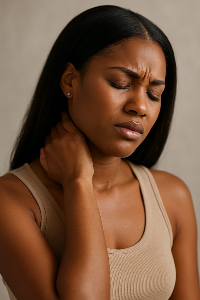 The Truth About Trap Tox treatment: Botox for Slimmer Shoulders A beautiful Black woman holding her neck in visible pain, highlighting tension and discomfort in the trapezius area, often treated with Trap Tox.